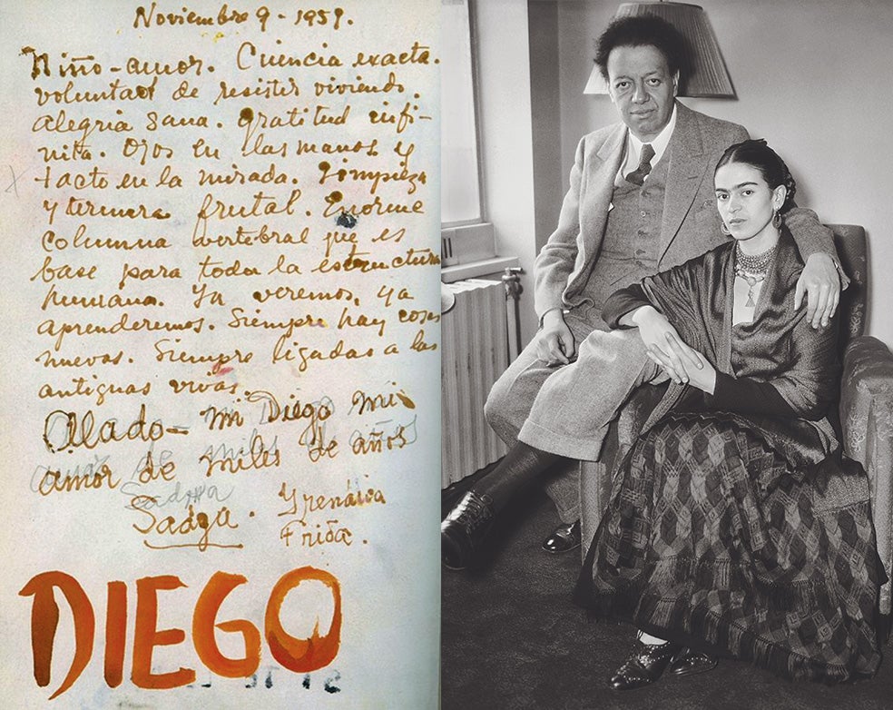 Diego Rivera y Frida Kalho se pelearon, engañaron y quisieron con ardor: «Mi Diego. [...] Tus ojos espadas verdes dentro de mi carne, ondas entre nuestras manos», le escribe ella.