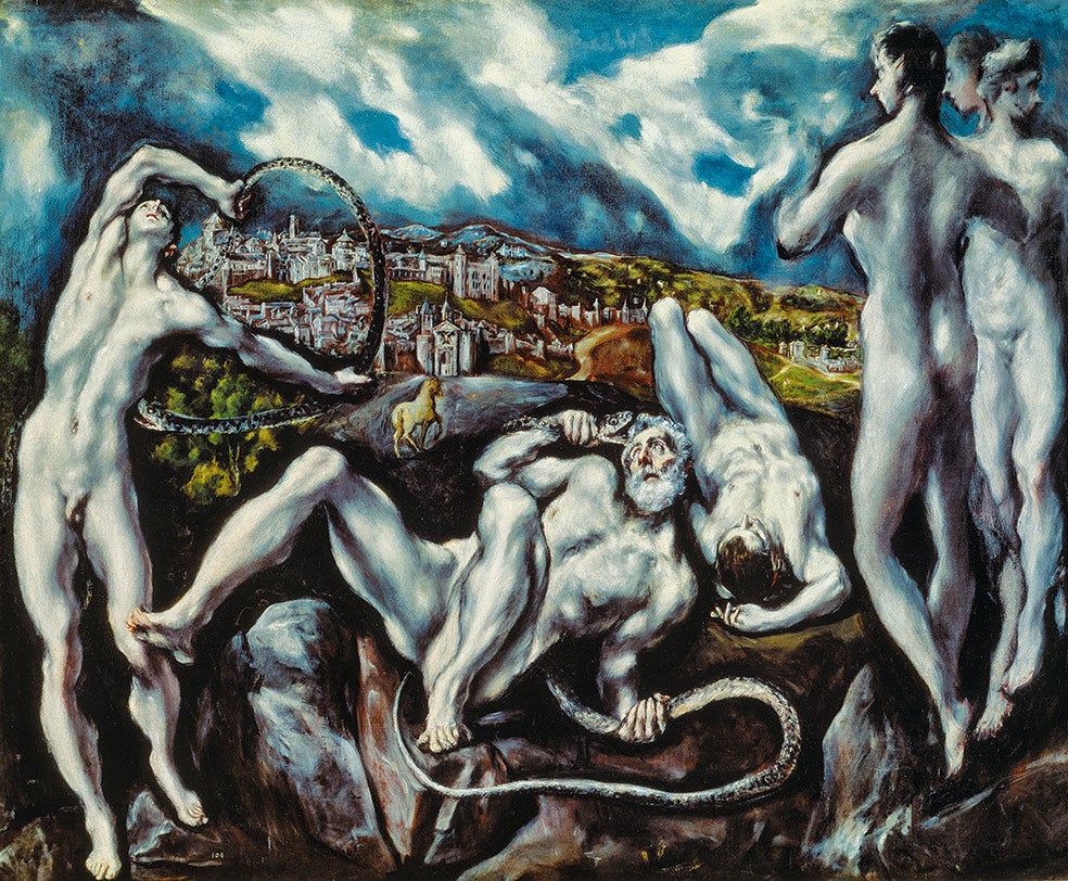 «La muerte de Laocoonte –un episodio tomado de La Eneida, de Virgilio– es la única pintura de tema literario que conocemos de su mano. Se aleja de forma absoluta del modelo helenístico de la escultura encontrada en 1506 y citada por Plinio, demostrando su libertad en las citas de la Antigüedad. Más que un remedo del grupo es una reconstrucción de lo que pudo haber sido el sufrimiento del sacerdote prudente y protector de sus hijos al ser atacados por las serpientes como castigo de los dioses».