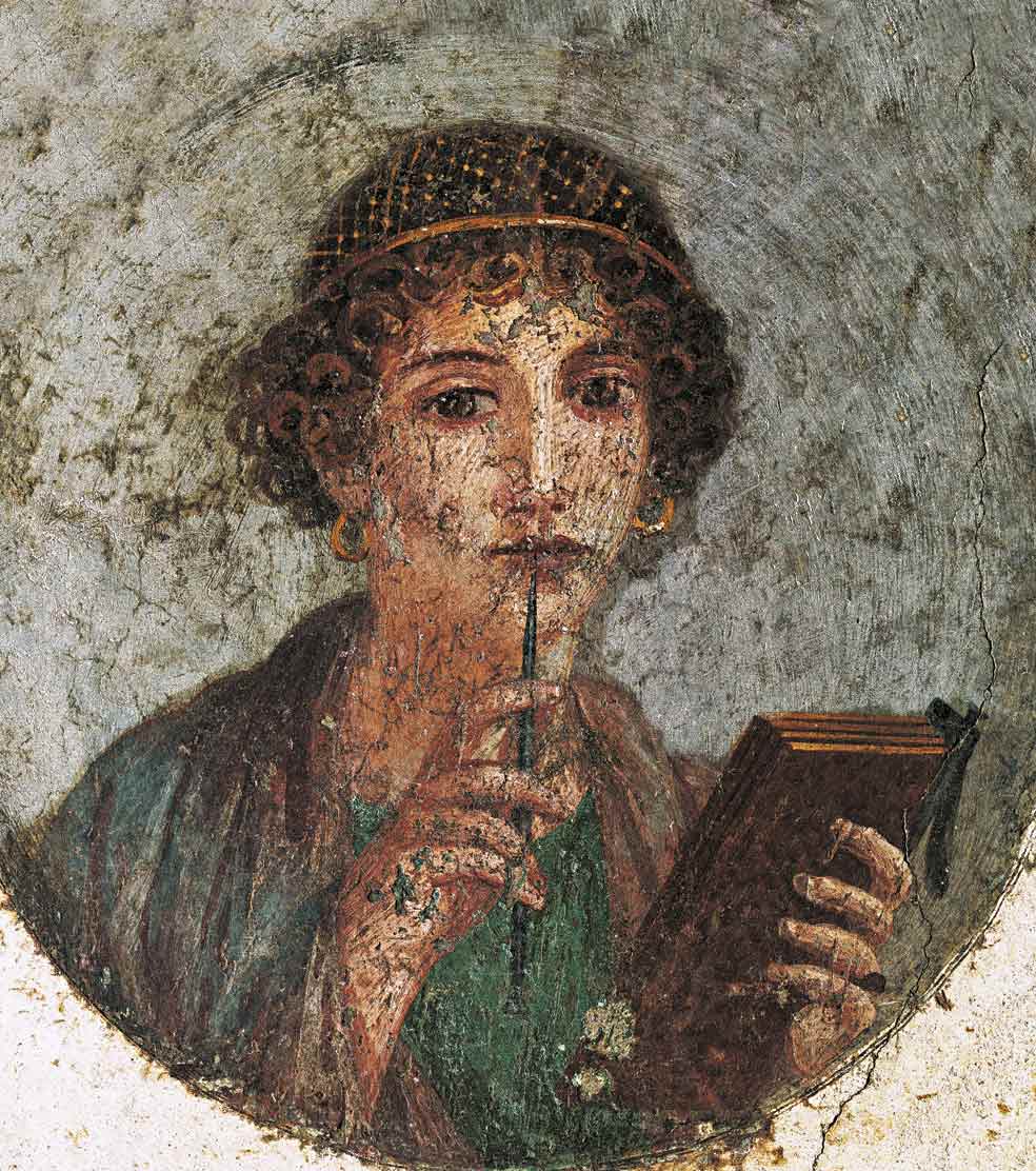 El fresco más famoso de Pompeya es este retrato de una poetisa con un toque fashion, la redecilla del pelo, y sosteniendo un stylo o punzón (el bolígrafo de la época) y unas tablillas.