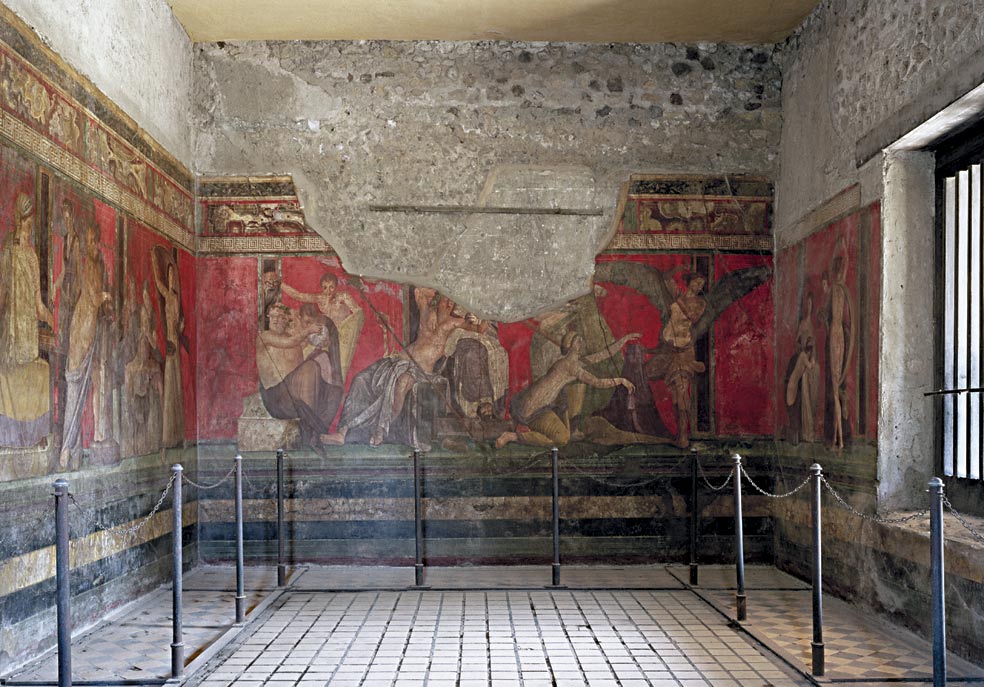 Los pintores pompeyanos fueron expertos en el uso del cinabrio, un pigmento de un rojo vivísimo que se obtiene calcinando mercurio y azufre. Omnipresente en la villa de los Misterios y la Boscoreale, resalta las figuras humanas desnudas.