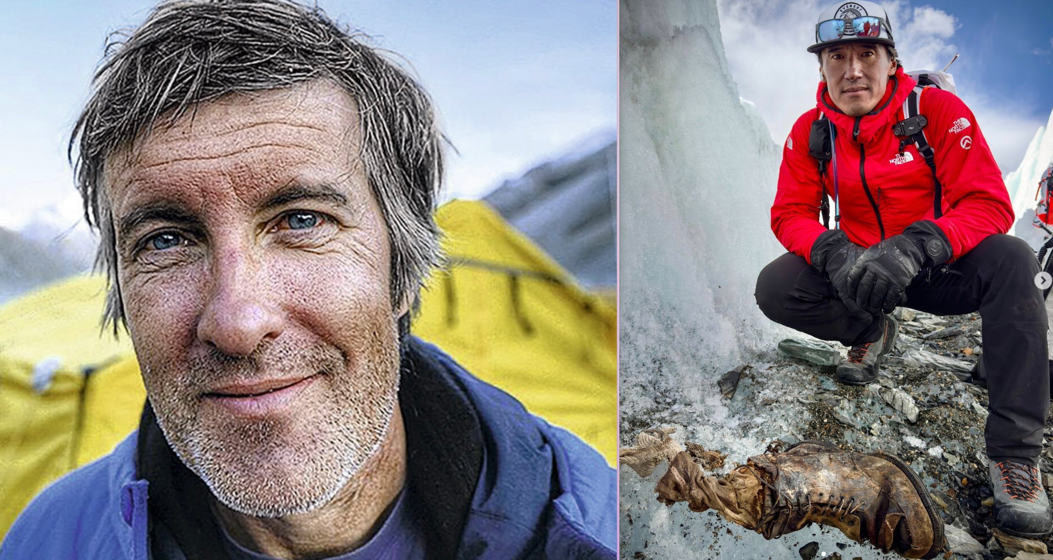 El escalador estadounidense Mark Synnott (a la izquierda) se ha jugado la vida varias veces para buscar los restos de Andrew Irvine en el Everest. Ahora lo ha encontrado un equipo de grabación de National Geographic formado por el fotógrafo y director Jimmy Chin (a la derecha) y los escaladores Erich Roepke y Mark Fisher.