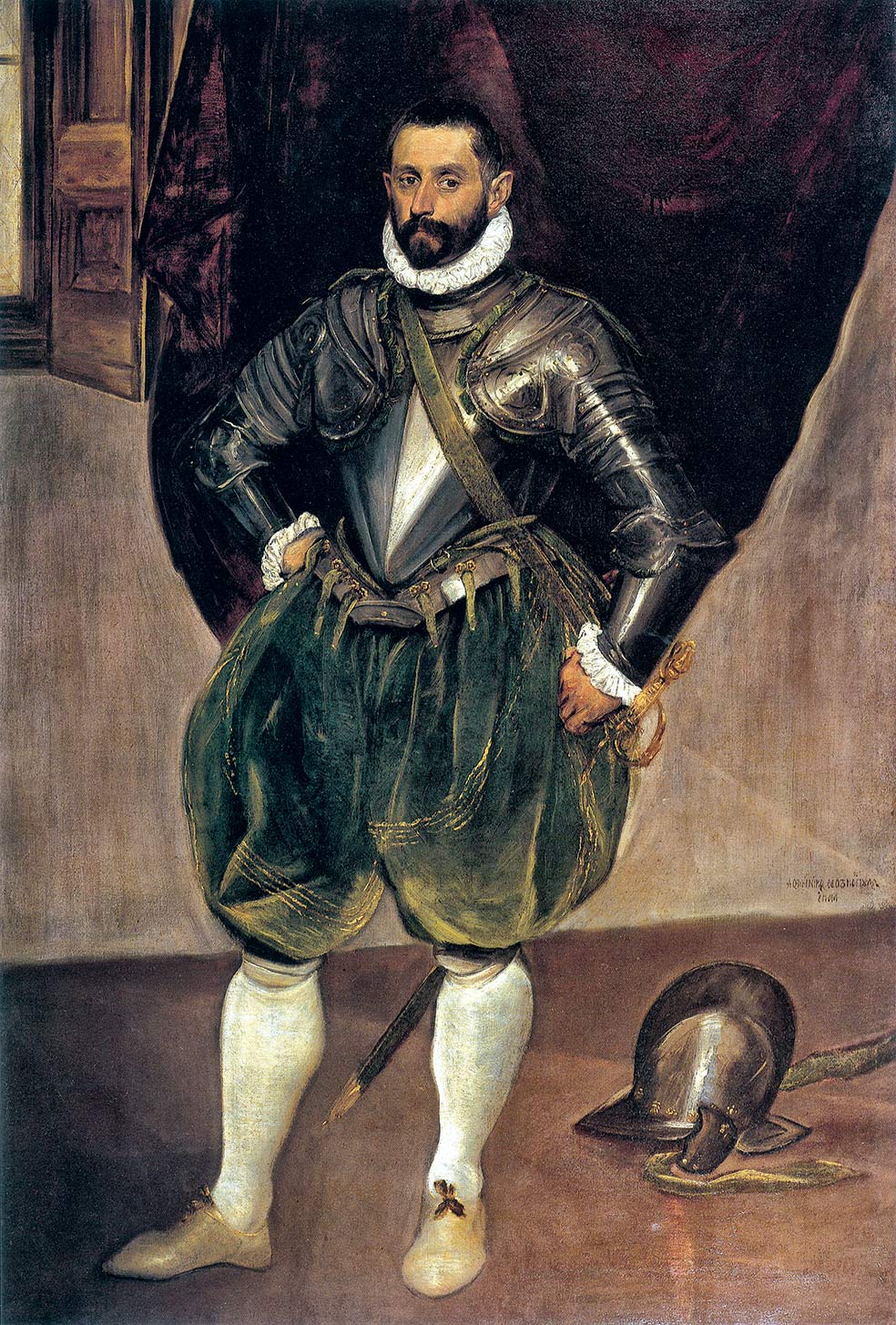 «Este retrato de Vicenzo Anastagi pintado en Roma representa la culminación de las capacidades del Greco como retratista. Destaca por ser de gran formato y de cuerpo entero, nunca antes realizado por él; por el naturalismo visual –color, texturas, brillos– de armadura, calzones y medias; y por la elegancia del yelmo abandonado».