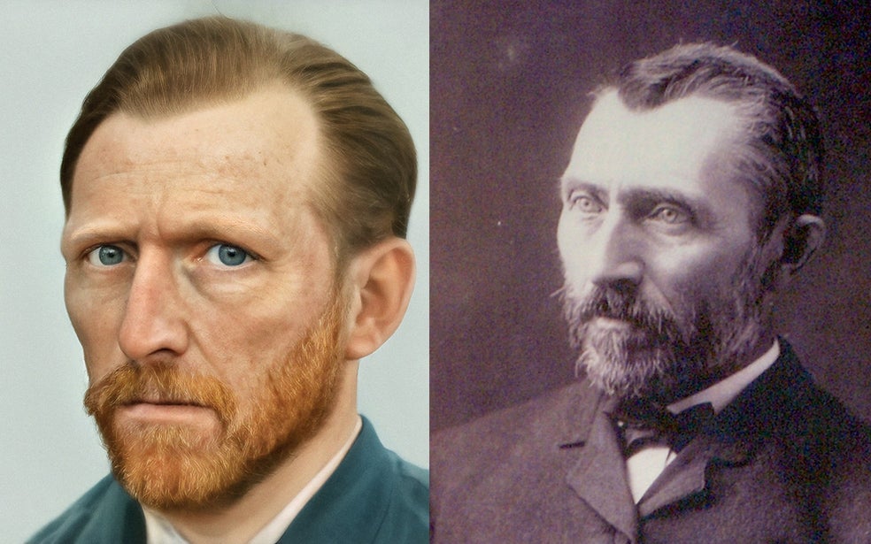 El artista holandés Bas Uterwijk ha recreado el rostro de Van Gogh con inteligencia artificial (a la izquierda) a partir de sus autorretratos y las pocas fotografías de él que se conservan (a la derecha).
