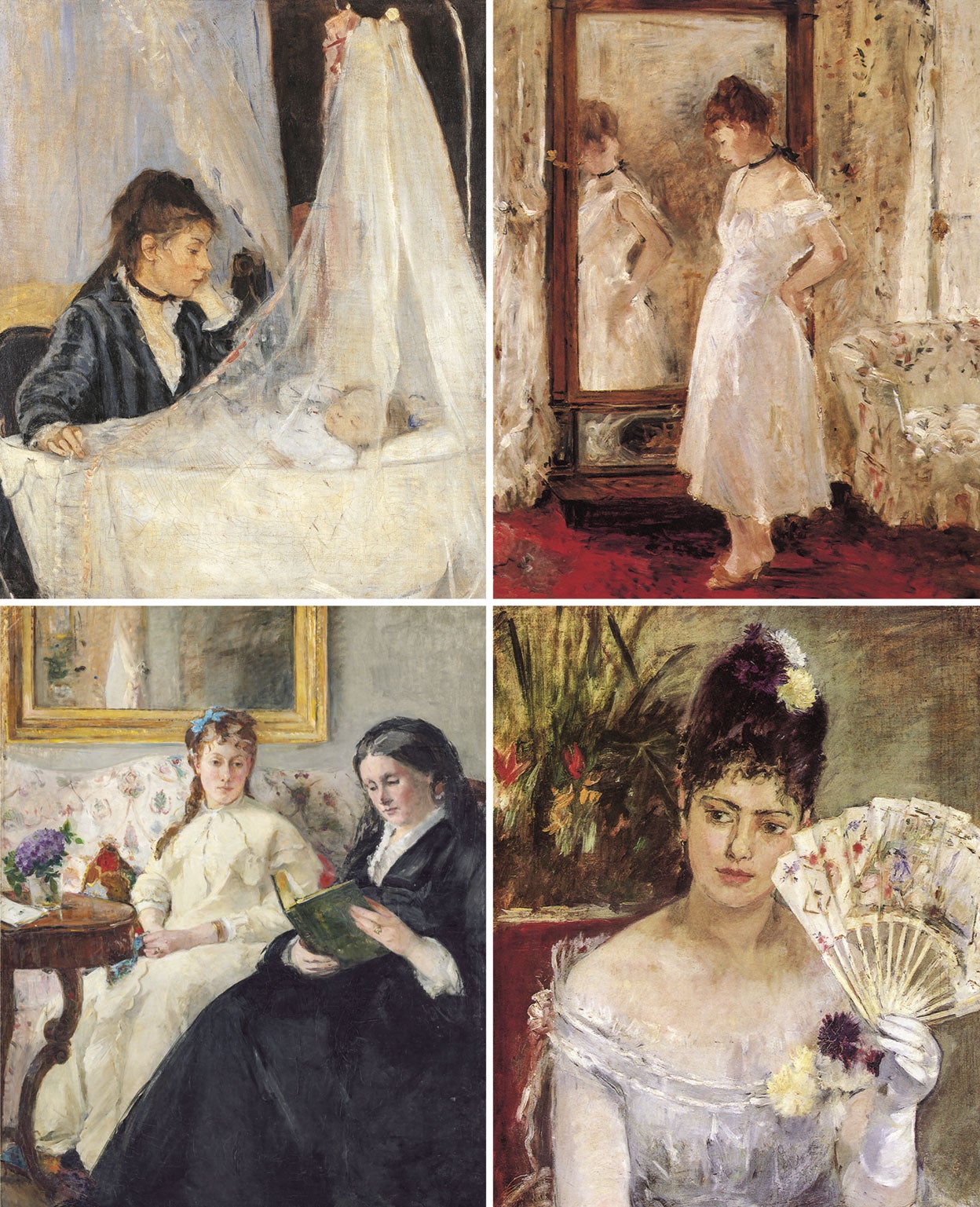Cuando el crítico Paul Mantz vio su obra en la cuarta Exposición impresionista, en 1877, se refirió a ella como la única impresionista del grupo. En el sentido de las agujas del reloj: La cuna (1872); La psique (1876); En el baile (1875) y La madre y la hermana de la artista (1870).
