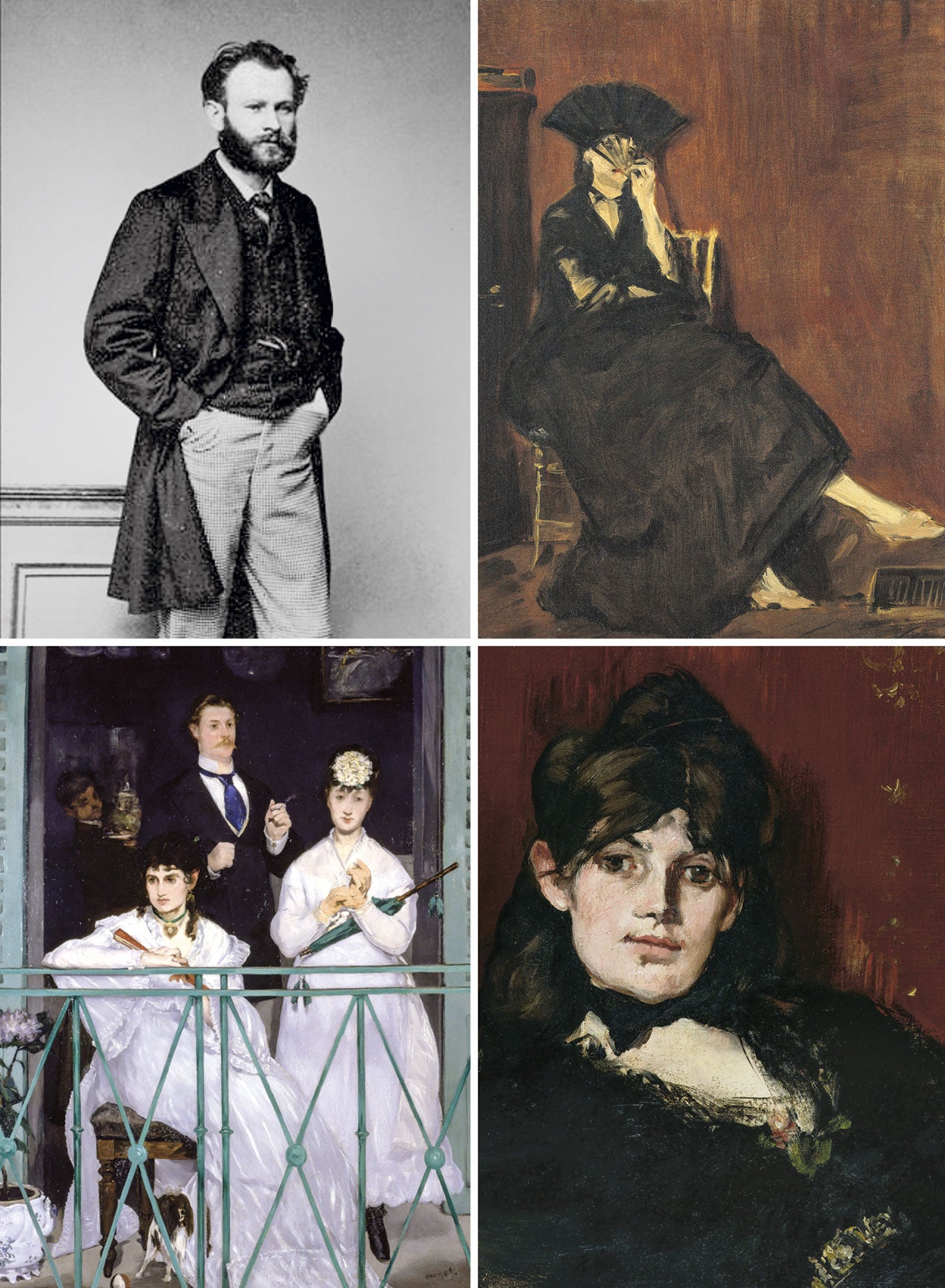 Posó para Manet (izda.) más de diez veces. Fueron colegas, cuñados (ella se casó con Eugène Manet) y amigos. Tras su muerte, en 1883, ella organizó una exposición en su honor con ayuda de Monet y Zola. Arriba, dos retratos de Morisot realizados por Manet en 1872; entre ambos, El balcón, con Berthe, la violinista Fanny Claus y el pintor Antonin Guillemet.