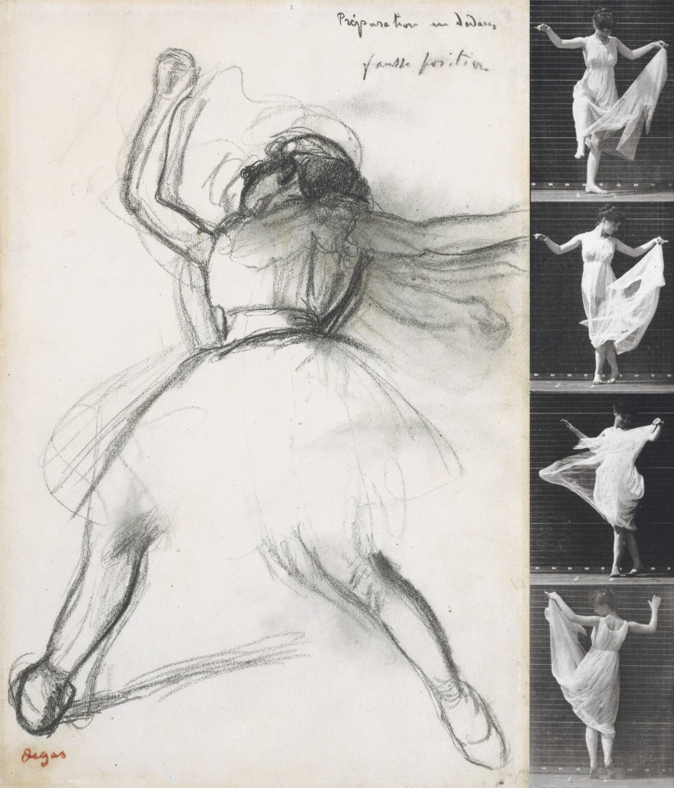 Boceto de una bailarina en pleno giro, realizado por Degas entre 1880 y 1885. A su lado, Woman dancing, serie hecha a finales del XIX por Eadweard Muybridge, fotógrafo que influyó mucho en Degas.