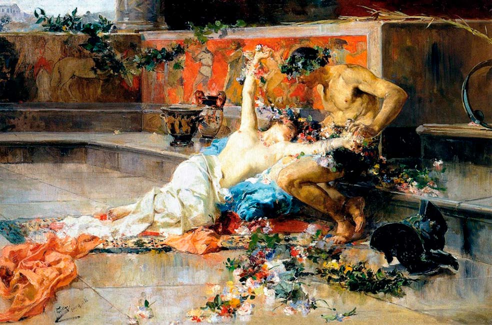 El poeta Juvenal escribió sobre las andanzas en prostíbulos de la emperatriz. «Tomaba su puesto, desnuda y con los pezones dorados». En la imagen, Mesalina y el gladiador, obra de Joaquín Sorolla.