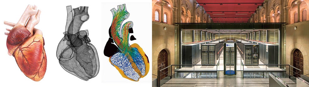 El superordenador MareNostrum en Barcelona ocupa una antigua capilla desacralizada (derecha) y alberga unos de los proyectos más interesantes del mundo de los gemelos digitales, el de Alya Red para crear una copia computacional de corazones humanos, como refleja la imagen de arriba.