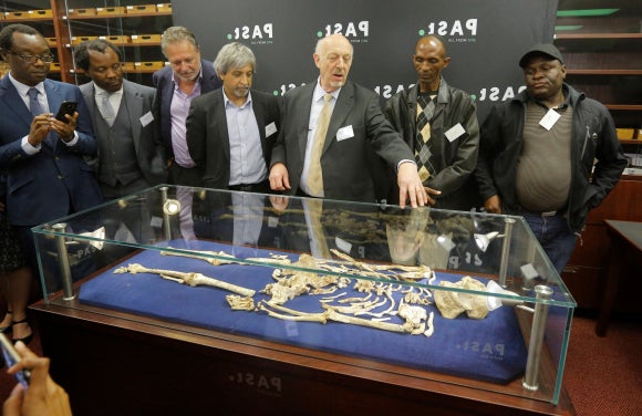 Ron Clarke desvela por primera vez al público el esqueleto completo del homínido Little Foot en la Universidad de Witwatersrand, en Johannesburgo, el 6 de diciembre de 2017. Un logro incontestable.