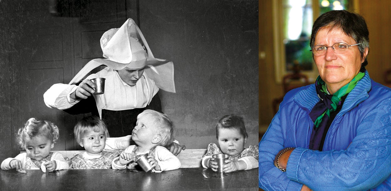 Gisèle (a la derecha) no les contó a sus hijos que era adoptada por temor a que se distanciaran de su abuela. Cuando esta murió, Gisèle empezó a averiguar sobre su pasado. Lo que descubrió fue una sacudida, pero también algo liberador. A la izquierda, Gisèle, primera por la izquierda, en un centro de acogida de los Aliados.