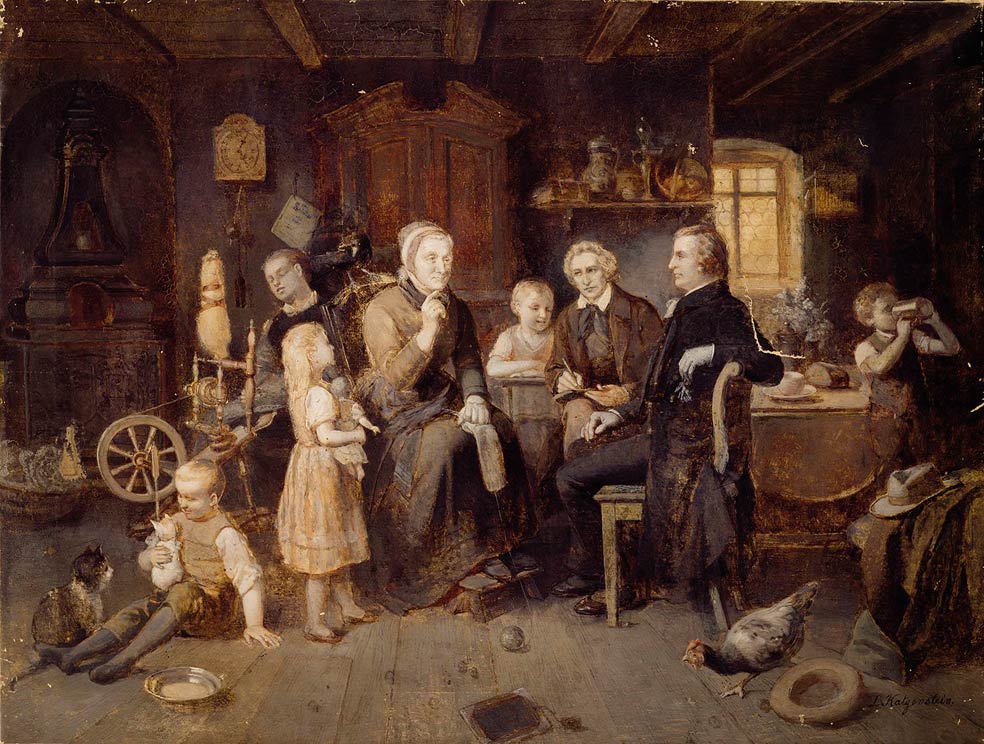 Wilhelm (con un paraguas en la mano) y su esposa, de pie con un bebé, tuvieron cuatro hijos. El primogénito, Jacob, falleció antes del año. Este retrato, con los Grimm al completo, junto con una anciana que les surtía de relatos, es obra de su hermano Emil Ludwig.