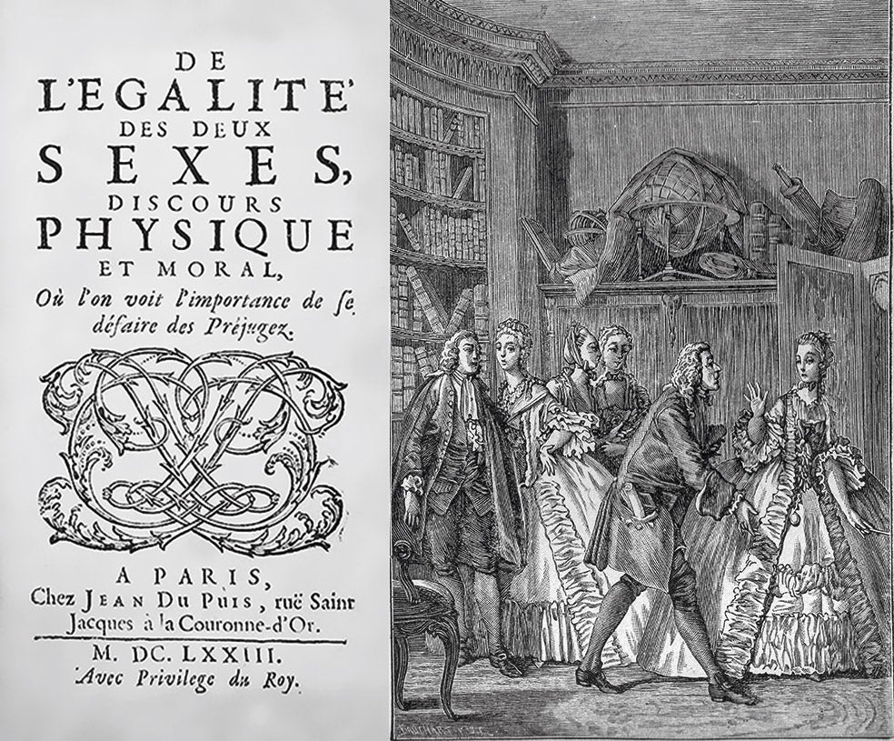 A la izquierda, edición original de Sobre la igualdad de los sexos, de François Poullain de La Barre, publicada en 1763. A la derecha: una ilustración de una representación de Las mujeres sabias, sátira de 1672 en la que Molière tacha de arrogantes a las mujeres interesadas por la cultura y la ciencia.
