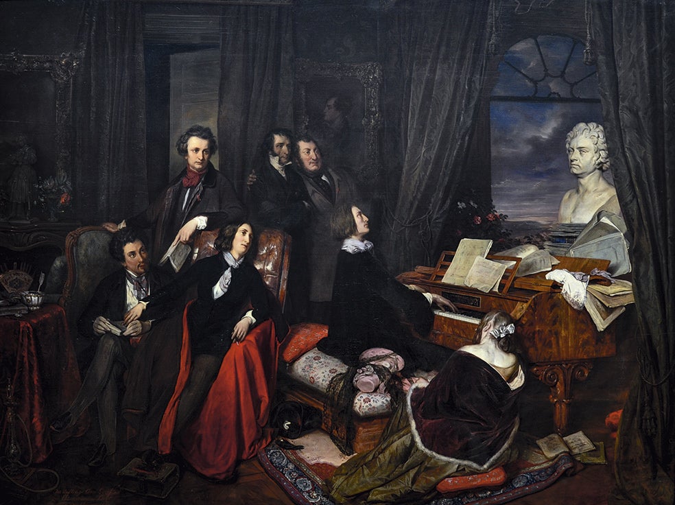 Liszt al piano, obra de Joseph Danhauser. Alrededor del compositor, sus amigos Dumas, Victor Hugo, Rossini, George Sand, Paganini y su amante Marie dAgoult.
