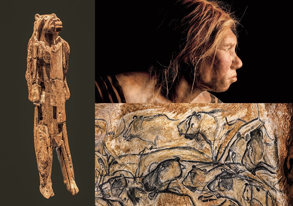 Hay leones pintados en la cueva de Chauvet, de hace 36.000 años; mucho más antigua es la escultura El hombre león (a la izda.). La adoración a este felino podría ser una conexión cultural entre neandertales (arriba) y Homo sapiens. En la imagen que abre este reportaje: una copia del animal a tamaño natural del Museo Reiss Engelhorn, de Mannheim (Alemania).