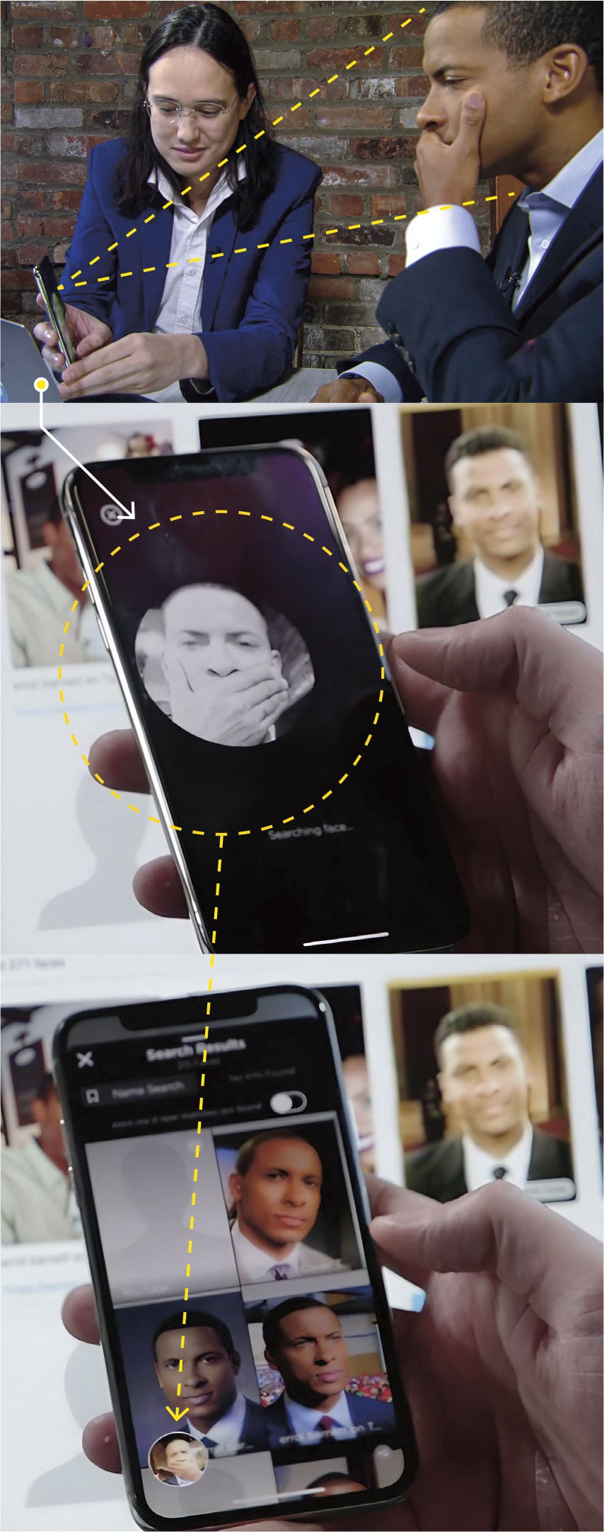 La aplicación de Clearview permite 'escanear' tu cara directamente con la cámara del móvil (o también puedes colocar frente a la cámara la foto de cualquier persona). Por poco que se vea de tu rostro (como muestra el ejemplo de arriba), es capaz de encontrar todas las fotos que haya de ti en Internet, aunque solo aparezcas en la escena parcialmente o sean fotos de otra época.
