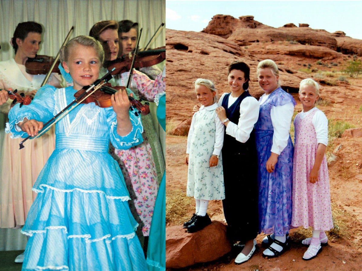 Elissa, de niña, tocando el violín. A la derecha, unos años después, (segunda por la derecha), con tres de sus hermanas. La chica con vestido negro que aparece junto a ella es Rebecca Wall (ahora Musser), que también huyó de la secta y fue determinante en la caída de su líder.