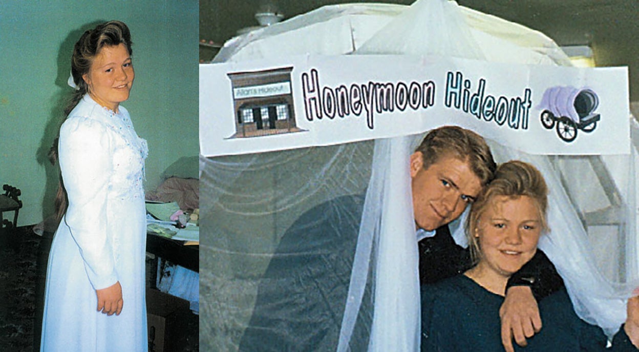 Elissa con el traje de boda, roja de todo lo que había llorado. Y con su marido, en la 'casita' de recién casados que les regaló la familia.