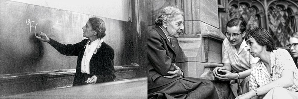 En 1919 se convirtió en la primera mujer en conseguir una plaza como profesora de Física en la Universidad de Berlín. A la derecha, con sus alumnas en Bryn Mawr College (Pensilvania).