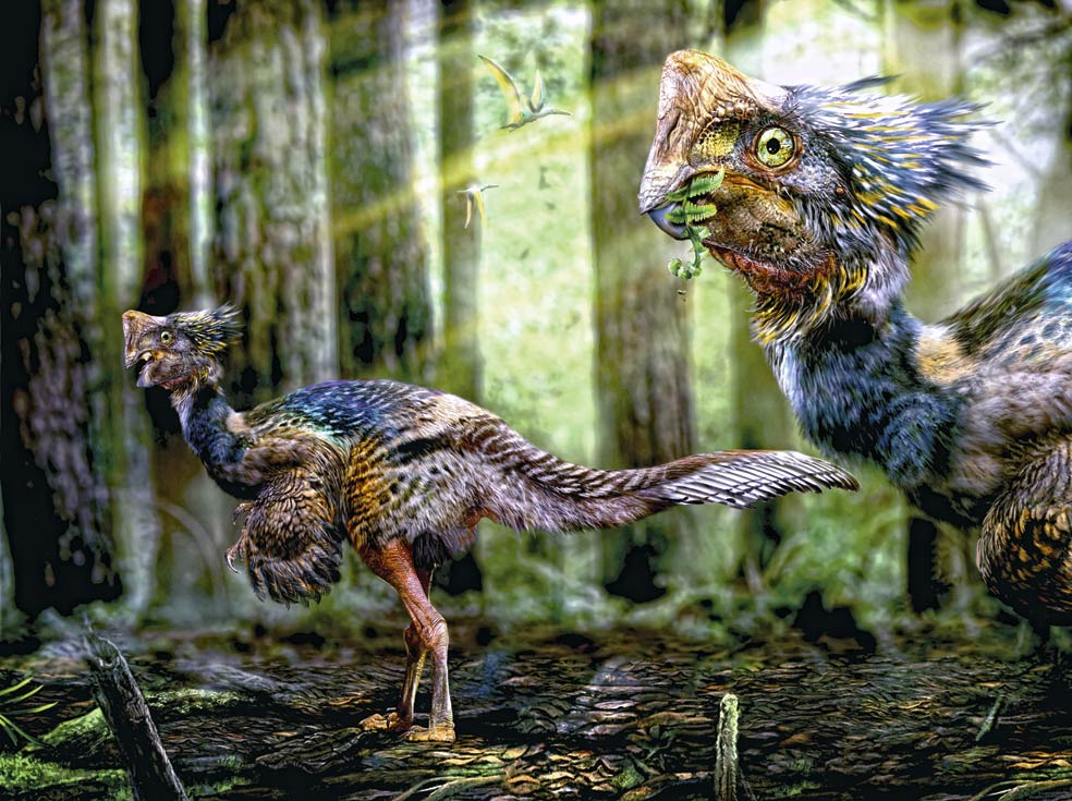 Los 'Nankangia' eran dinosaurios emplumados que podían saciar el hambre de un 'T. rex', si los pillaba... Más pequeños y ágiles que este tiranosauro, eran muy difíciles de atrapar, aunque no para los 'Pinocho rex', que sí los cazaban.