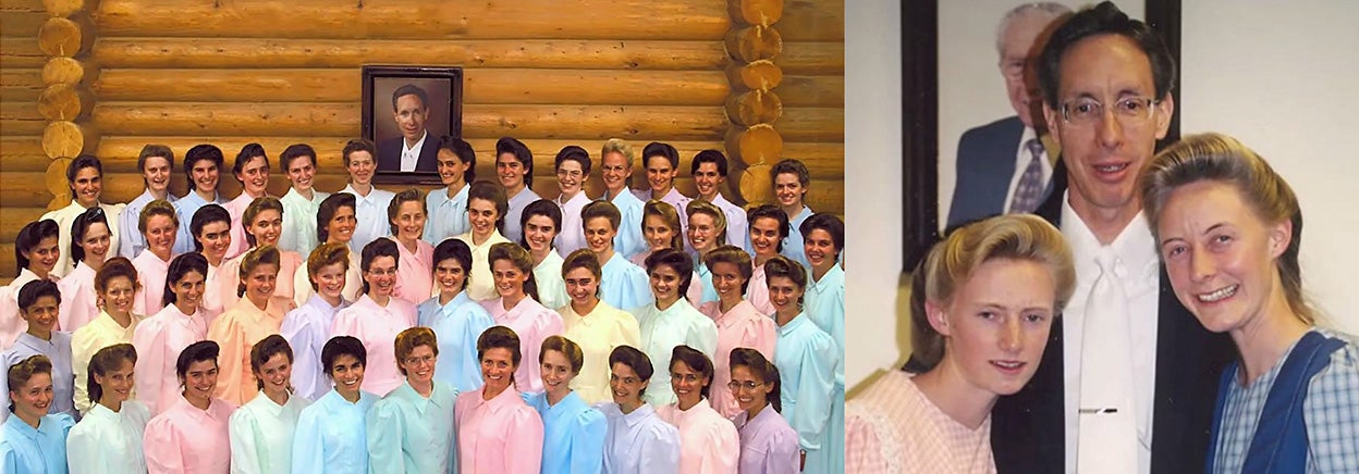 Warren Jeffs (en la foto de la pared y a la derecha con dos esposas) llevó a la absoluta deriva sexista a la secta. Si su padre ya acumulaba decenas de mujeres, cuando él murió, Warren se casó con las viudas de su padre, que oficialmente eran sus madres, y añadió las suyas propias, muchas menores de edad, que se turnaban para pasar por su cama, varias cada noche. Aquí 'posa' con 50 de ellas.
