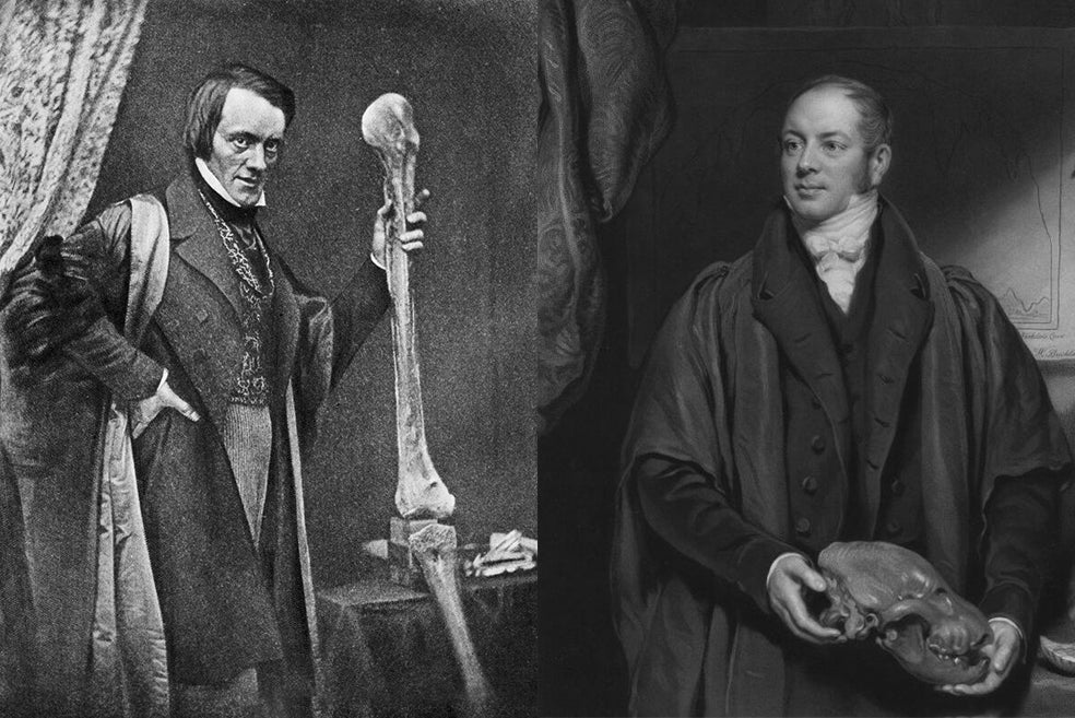 En 1841, sir Richard Owen (a la izquierda) presentó 'oficialmente' a los dinosaurios en una conferencia. Basándose en el Iguanodon de Mantell, reconstruyó su cuerpo echándole imaginación. Dos años más tarde, William Buckland, profesor de geología en Oxford (a la derecha), desentierra restos fósiles en una cantera de Stonesfield y describe su hallazgo en una revista científica. Da nombre al Megalosaurus bucklandii, el primer dinosaurio con nombre propio.