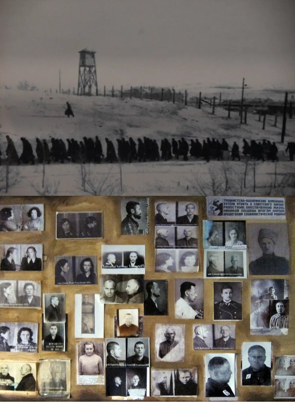 Arriba una de las escasas imágenes del gulag conservada en el museo de Dolinka que conmemora a las víctimas, de algunas las cuales también se conservan los retratos de su ingreso en los campos (abajo).