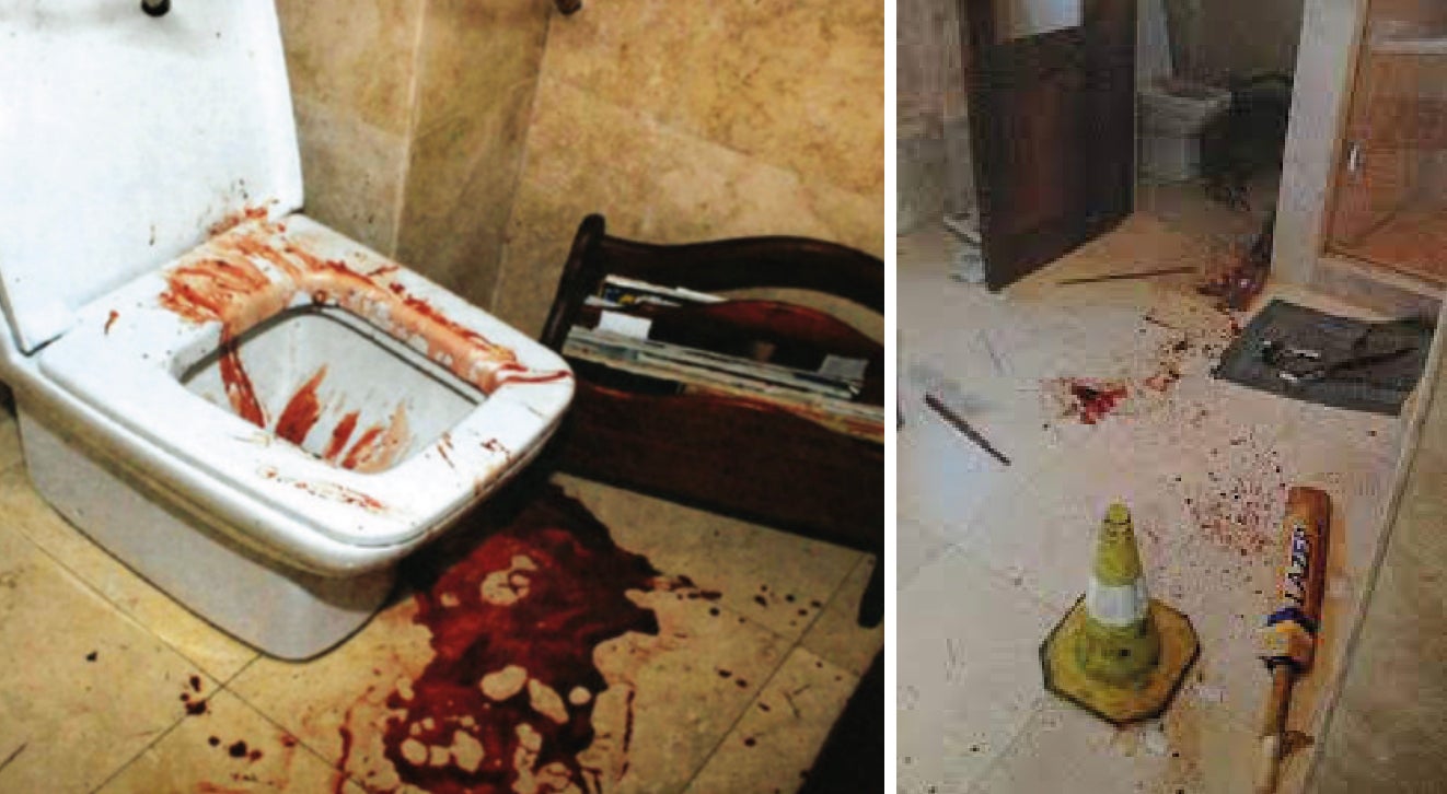 Imágenes del baño donde fue asesinada Reeva, enseñadas en el juicio. Quedó demostrado, por el ángulo de los disparos, que Pistorius no llevaba sus prótesis cuando tiroteó a Reeva. Caminaba sobre sus muñones, lo cual lo haría más vulnerable; dato a favor de la defensa, y así lo mostró en el juicio (foto de apertura).