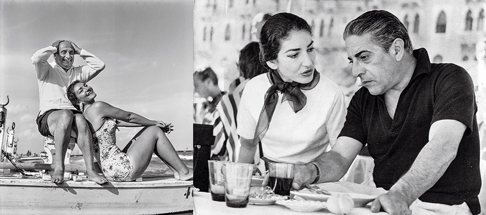 Su marido, Giovanni Battista Meneghini (izquierda), la llamaba 'ballena torpe'; Aristóteles Onassis (a la derecha) la humillaba e insultaba y le era infiel sin disimulo.