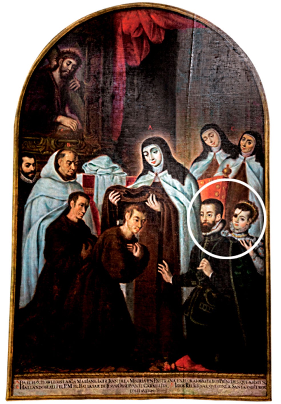 Teresa de Jesús (de pie, en el centro) con la princesa de Éboli, Ana de Mendoza, y su esposo, el noble portugués Ruy Gómez de Silva —señalados con un círculo—, durante una imposición de hábitos. Ruy Gómez, que era hombre componedor y pacífico, accedió a las peticiones de Teresa para fundar un convento en Pastrana bajo el patrocinio de él y su esposa. Esas peticiones de Teresa chocaban con las pretendidas por Ana, quien, de hecho, se fue soliviantando poco a poco, hasta que la convivencia en el palacio de Pastrana se tornó irrespirable.