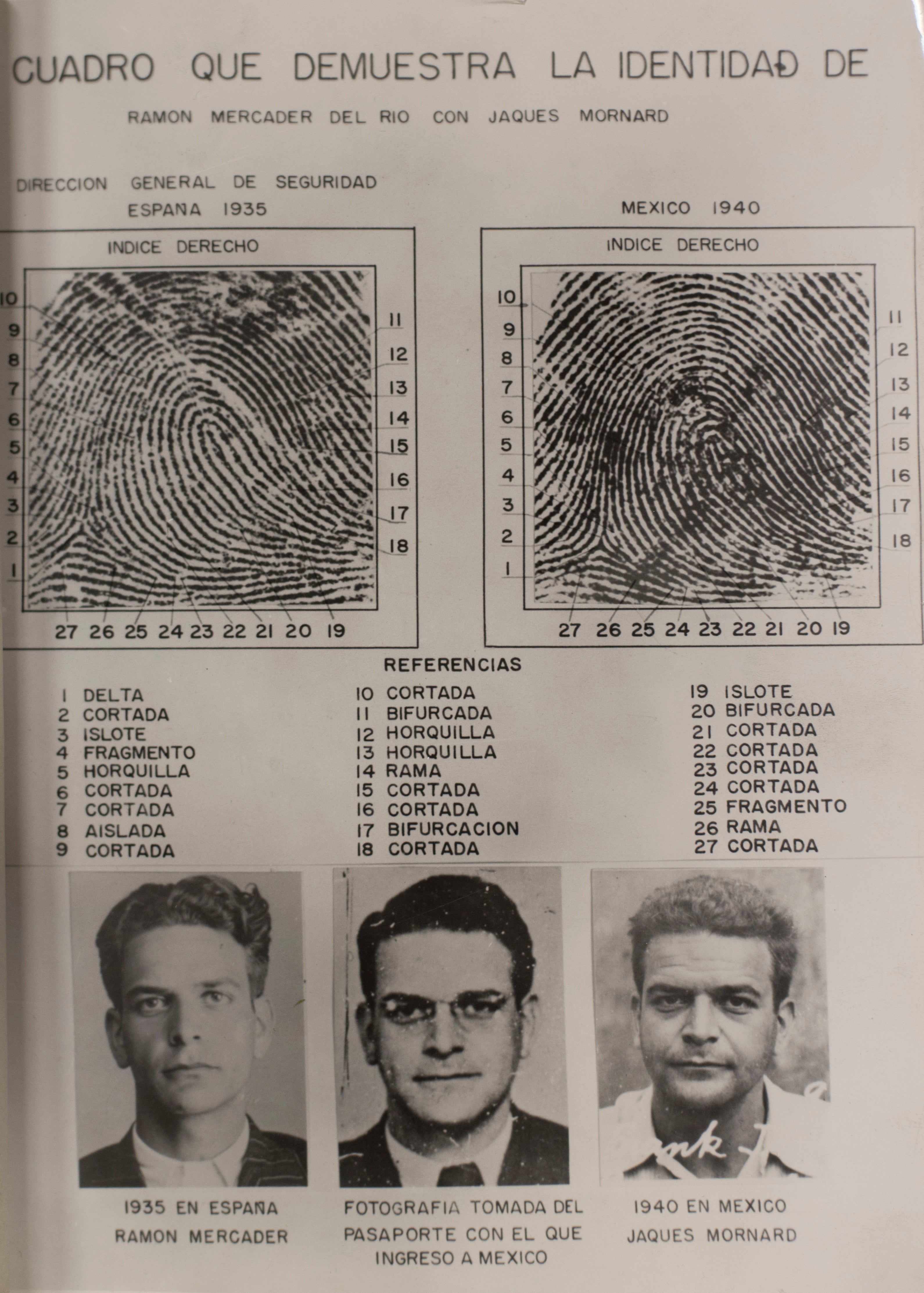 Informe forense que corrobora que las huellas del asesino de Troski pertenecían a Ramón Mercader. Fichado por España en 1935 –fue detenido en Barcelona por formar parte de una célula comunista–, en México se hacía pasar por Jacques Mornard.