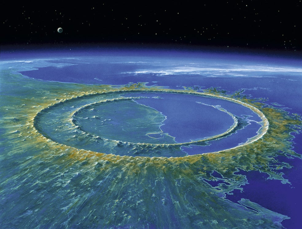 Reproducción del cráter al noroeste de Yucatán, en México. Está sumergido y mide 180 kilómetros de diámetro. El meteorito que lo formó hace 66 millones de años medía al menos diez kilómetros de diámetro. Fue descubierto por dos geofísicos que buscaban petróleo a finales de los setenta.