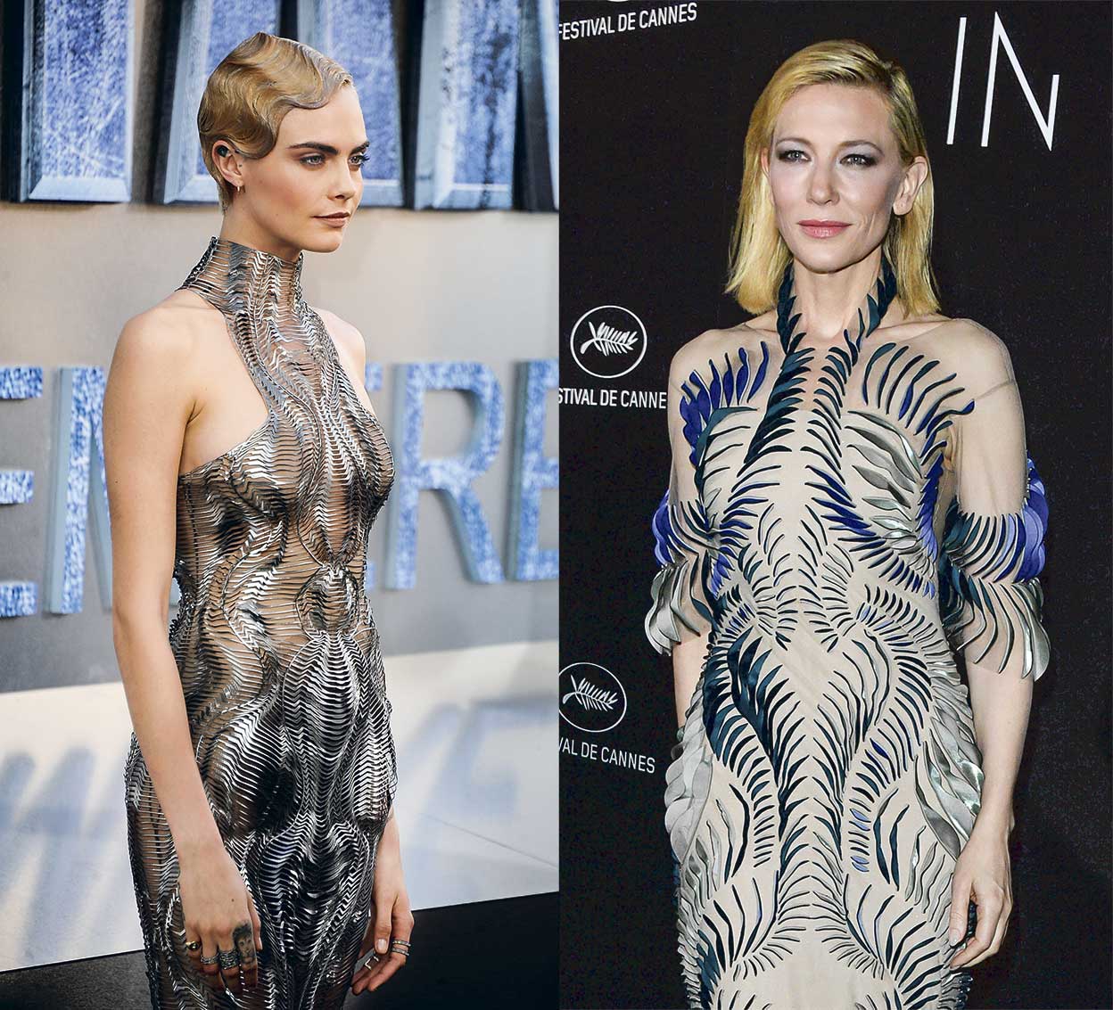 Cara Delevingne, a la izquierda, con un diseño futurista de alambre trenzado para la presentación de su película Valerian y la ciudad de los mil planetas en 2018. A la derecha, Cate Blanchett, ese mismo año, con uno de los vestidos de Herpen en el Festival de Cannes.