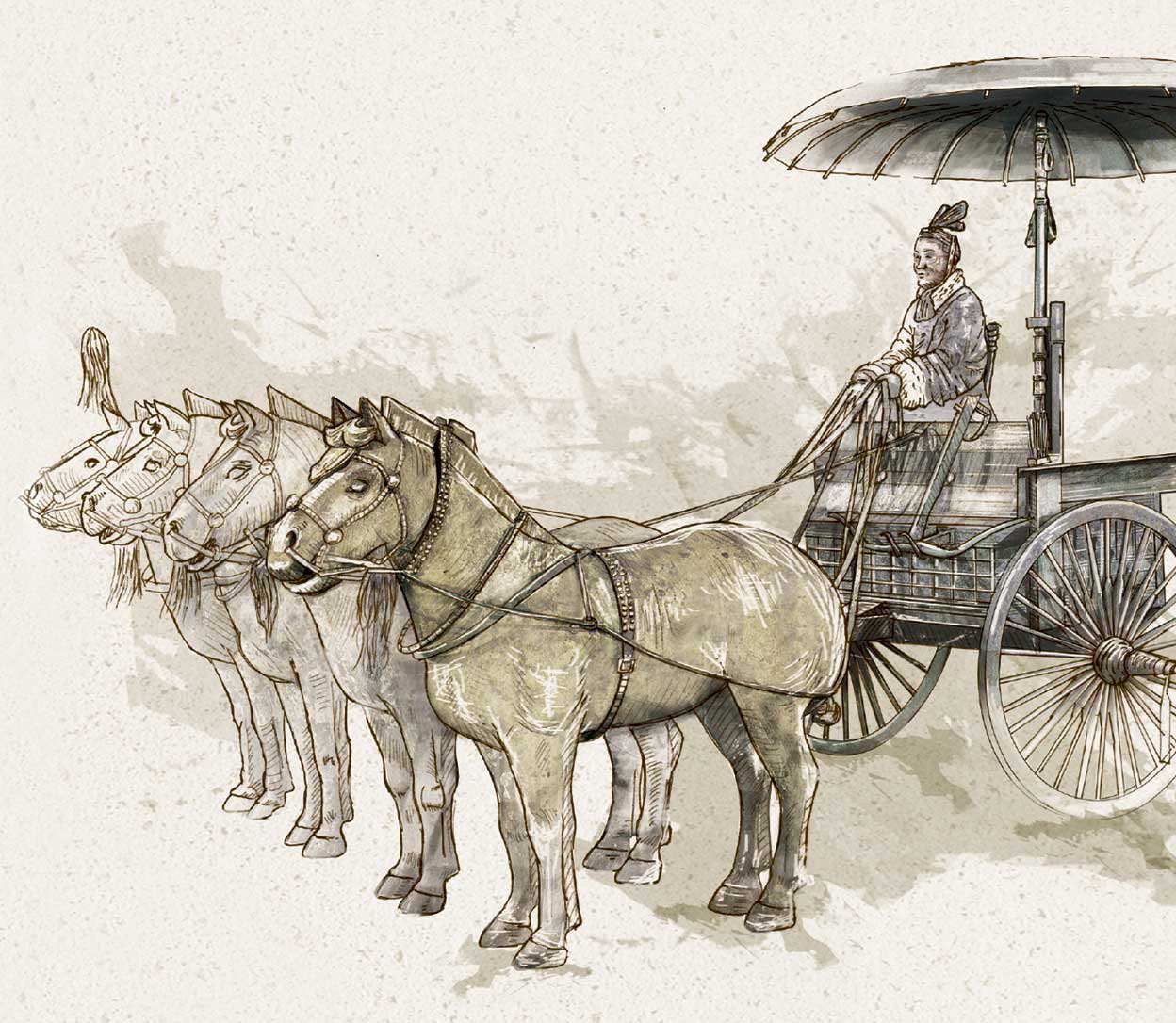 Los aurigas sostenían riendas de cuero que no han resistido al paso del tiempo. Sus armaduras se componen de 197 placas de terracota. En cada carro, junto al auriga, hay un guerrero a su izquierda. Sostienen ballestas, lanzas o ge ('hacha-daga').