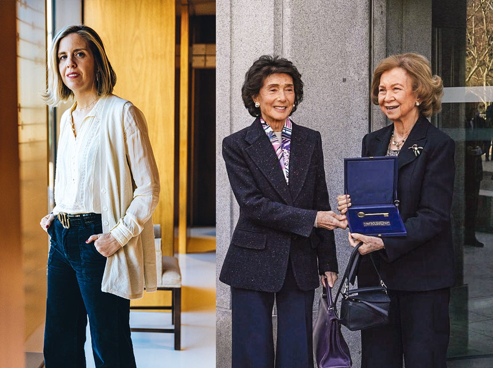 Julia Sánchez Abeal –CEO de la Escuela– lleva diez años en el cargo, y entre sus futuros retos, se encuentra la ampliación de la escuela, que esperan inaugurar en 2026. A la derecha, la fundadora, Paloma O'Shea, con la reina emérita, doña Sofía, presidenta de honor, en la entrega simbólica de la llave del nuevo edificio cedido por el INAEM (Ministerio de Cultura y Deporte) para la ampliación del centro.