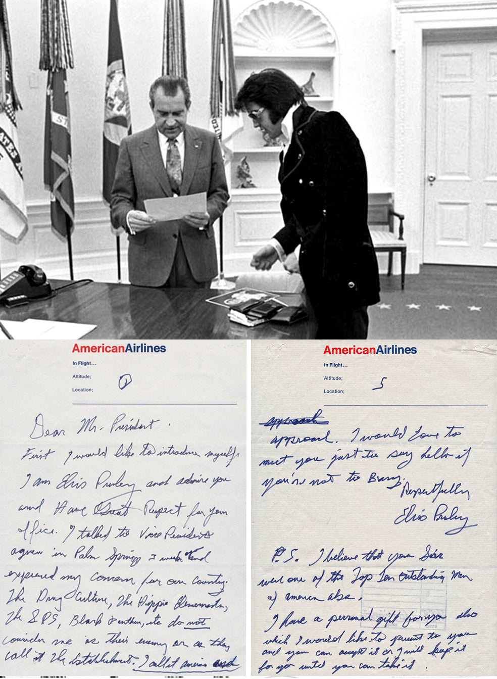 En una carta manuscrita, Elvis solicita una entrevista con el presidente. La escribió en el avión que lo trasladaba a Washington y se la entregaron a Nixon esa misma mañana.
