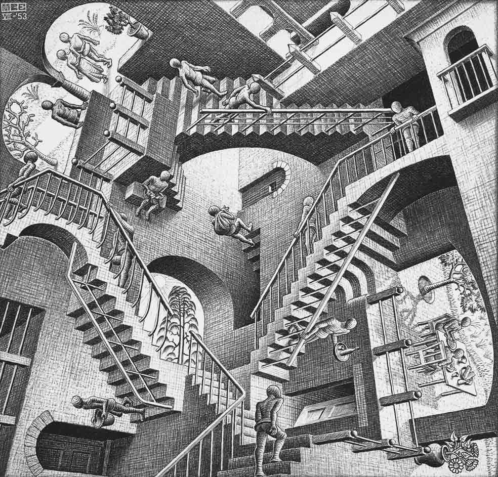 Contradicción. Mira las dos figuras contiguas que suben y bajan por la escalera ¡en la misma dirección! Aquí hay tres puntos de fuga externos que forman un triángulo equilátero y unen tres mundos distintos, con tres fuerzas de gravedad.