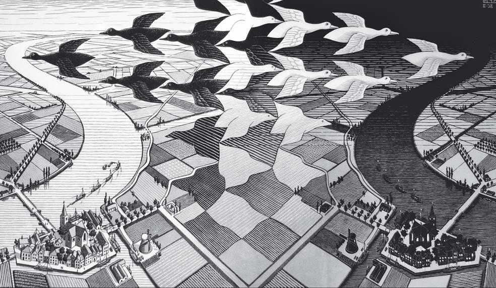 Metamorfosis. Los pájaros blancos van a la noche y los negros, al día. Vuelan sobre paisajes idénticos y simétricos, y las figuras evolucionan, además, hacia la tridimensionaliad. Todo, sin dejar un solo espacio vacío.