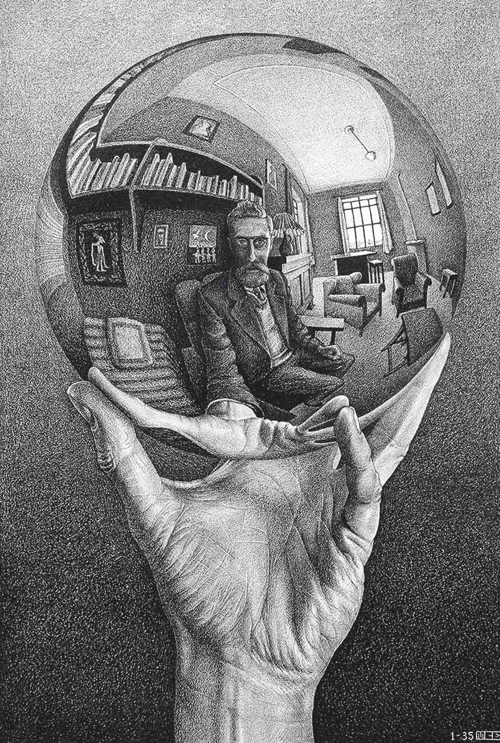 La litografía Mano con esfera reflectante, de 1935, contiene uno de los habituales juegos de M. C. Escher.