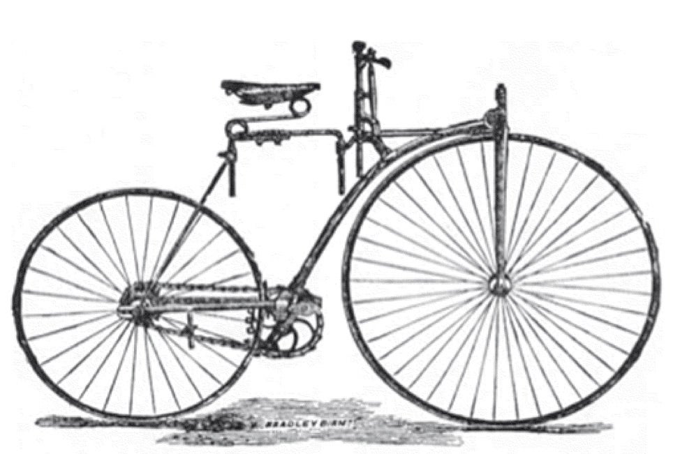 Embrión de las bicis actuales: con cadena y platos de distinto tamaño. Se reduce la rueda delantera.