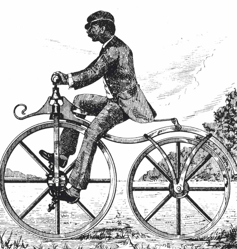 Dos franceses montan unos pedales en el eje de la rueda delantera. El conductor ya no pisa el suelo, debe mantener el equilibrio.