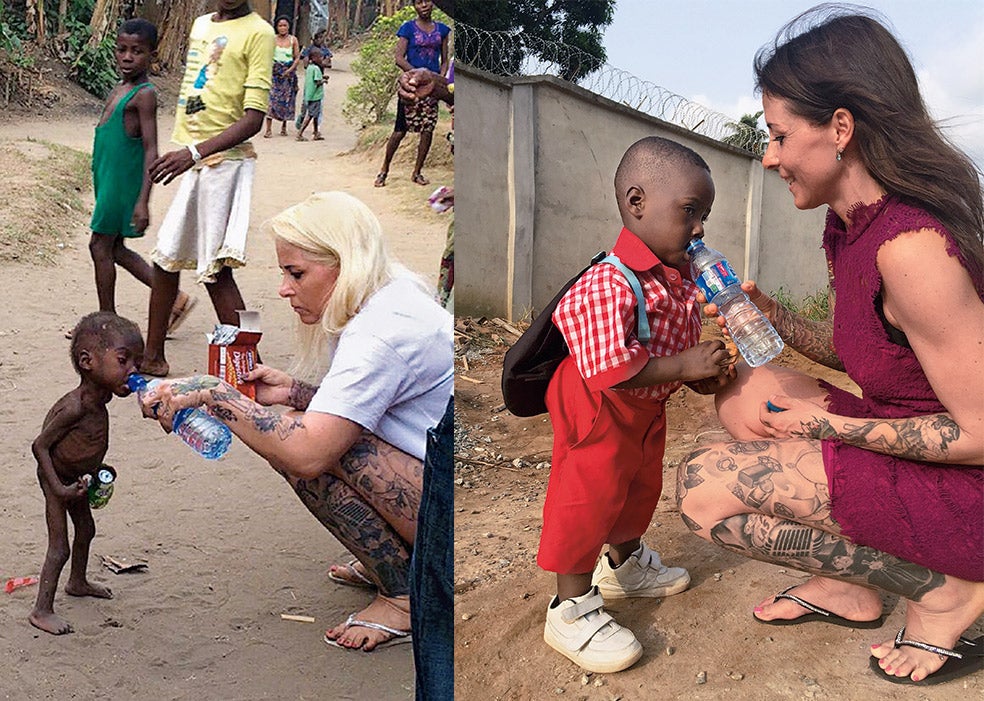 Los mismos protagonistas con un año de diferencia. Anja rescató al pequeño de la calle en 2017. Había sido acusado por su familia de brujería y abandonado con apenas dos años. La foto de la derecha, doce meses después, Hope iba al colegio. La primera foto que fue subida a internet desató una marea solidaria para ayudar a los niños brujos de Eket.