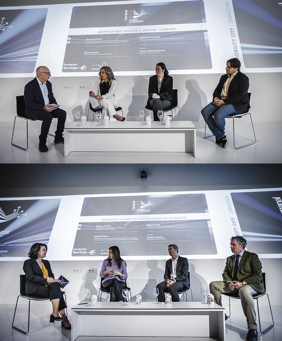 Arancha García, de la Asociación Española de Fabricantes de Automóviles; Ainhoa Garmendia, responsable de recarga pública de Smart Mobility, de Iberdrola; y Álvaro Sauras, de la Asociación de Usuarios de Vehículos Eléctricos. Abajo: Gabriel Marro, de la Cátedra Mobility Experience; Íñigo Herzog, director de tecnología de Meep; y Tatiana Gaudes, consejera de Medio Ambiente y Movilidad del Ayuntamiento de Zaragoza.