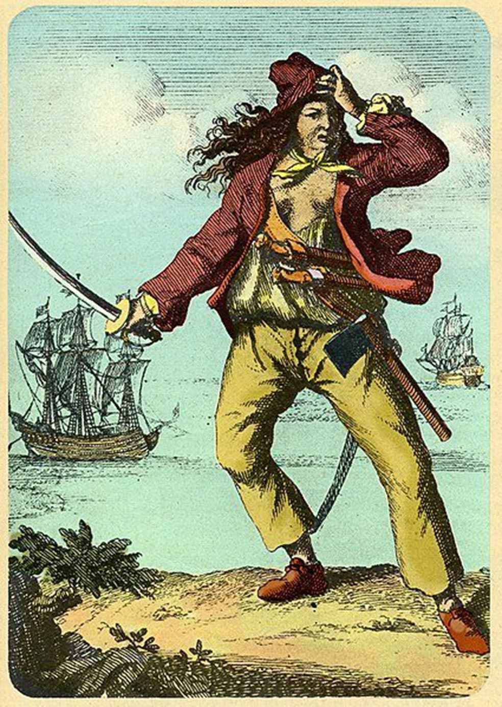 Mary Read vivía la vida pirata bajo el nombre de Mark. Anne Bonny se sintió atraída hacia aquel misterioso muchacho e iniciaron una larga amistad y una presunta relación sentimental. En la imagen, un grabado de la época que representa a Mary.