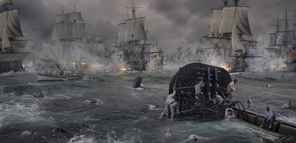 Las lanchas que se bajaban al agua antes del combate y las piezas del buque abatidas eran la tabla de salvación de los marineros que caían al mar. La mayoría no sabía nadar y la hipotermia hacía estragos. A veces estallaba el buque entero. Esta foto recrea el fin del Santo Domingo, su santabárbara se incendió en la batalla del Cabo San Vicente, en 1780, y explotó.