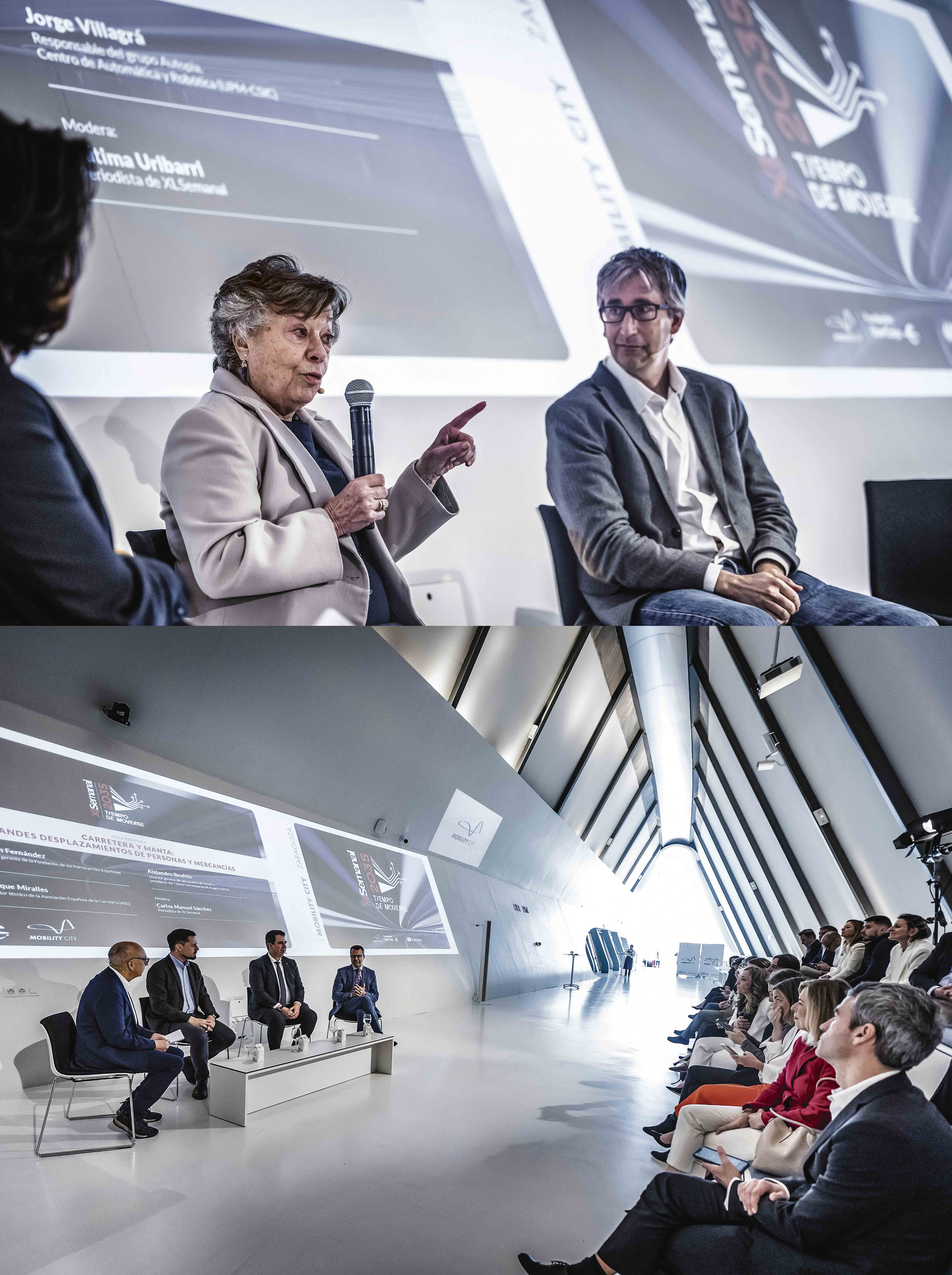 En Mobility City de Zaragoza, Teresa de Pedro –inventora del primer coche autónomo español– habla con Jorge Villagrá, líder del grupo Autopia, que desarrolla el proyecto. Abajo, de dcha. a izda.: Enrique Miralles, de la Asociación Española de la Carretera; Alejandro Ibrahim, del Clúster Aeroespacial de Aragón; y Adrián Fernández, de la Fundación de los Ferrocarriles Españoles.