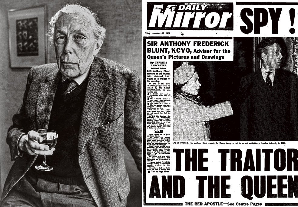 Sir Anthony Blunt, junto con la reina Isabel, en la portada del Daily Mirror de 1979, en la que por primera vez era señalado públicamente como traidor. Fue despojado de su título de caballero tras confirmarse que fue agente doble. Más arriba, en la imagen que abre este reportaje, Blunt posa frente a un retrato del príncipe Baltasar Carlos, de Velázquez, en 1962, antes de que se conociese que había sido espía para la URSS.