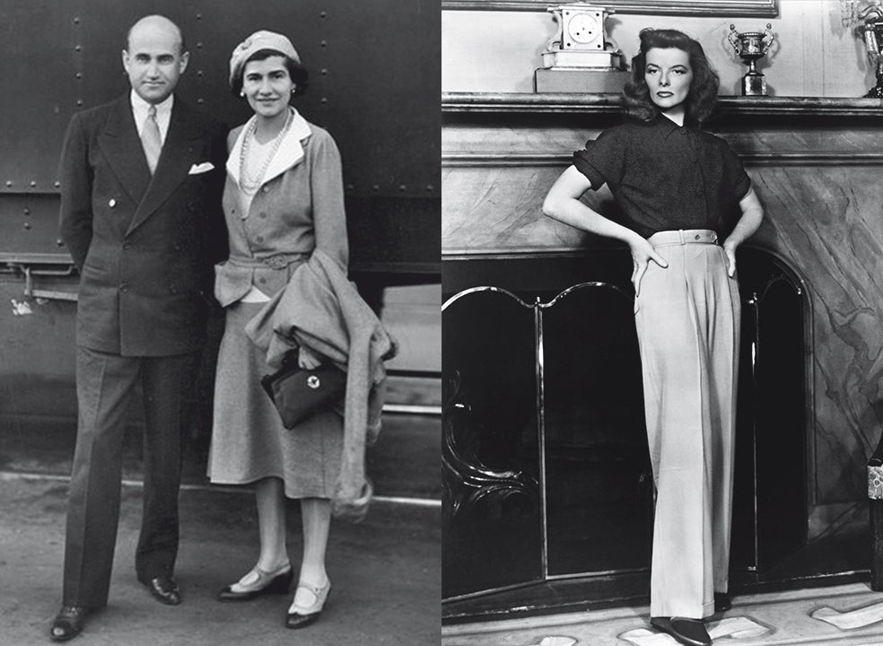 Igual que Coco, Samuel Goldwyn se había hecho a sí mismo. Recibió a la diseñadora en la escalerilla del tren que había fletado para ella. Luego, organizó una gran fiesta. Greta Garbo, Marlene Dietrich, Claudette Colbert y George Cukor, entre otros, acudieron. Pero a Chanel quien le interesó de verdad fue una joven promesa, Katharine Hepburn, una percha perfecta para sus pantalones de corte masculino, como el de esta foto.