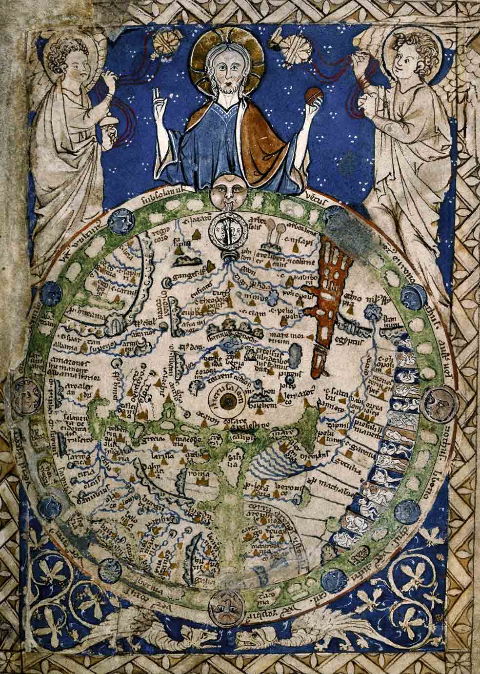 Además de mostrar a los creyentes las perversiones del pecado, los seres fantásticos del Medievo fueron utilizados por los geógrafos para ilustrar sus cartografías del mundo conocido. En un mapa inglés pintado hacia 1260, las criaturas se vuelven deformes cuanto más se alejan de la Ciudad Santa de Jerusalén, el centro neurálgico del planisferio terrestre. En la zona alta del mapa aparece la representación de Dios y en la zona baja, la de dos dragones infernales.