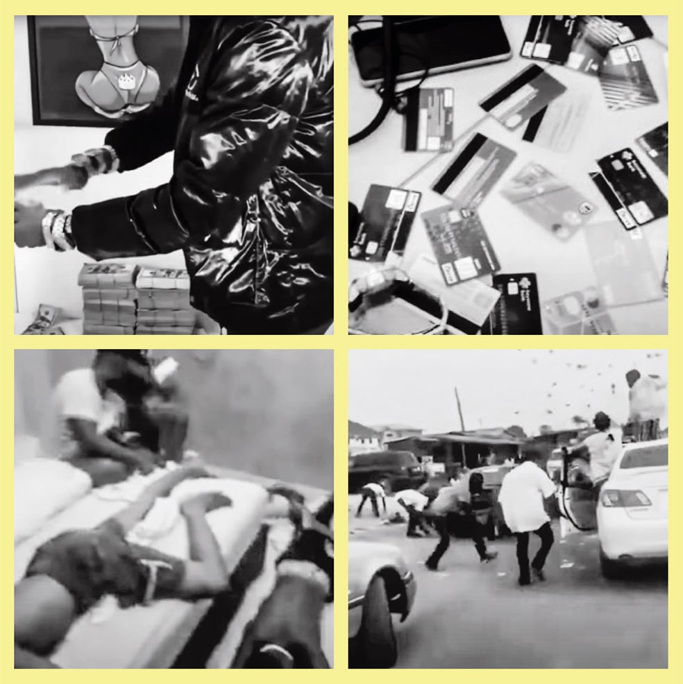 Los Yahoo Boys comparten también en redes sociales, y sin el más mínimo escrúpulo, vídeos en los que presumen de sus logros y del éxito de sus negocios: muestran fajos de billetes, que llegan a tirar por las calles subidos a coches de alta gama (abajo a la derecha). También es una forma de reclutar a nuevos estafadores. No deja de ser un trabajo al que dedican muchas horas, a veces, conviviendo juntos en casas dedicadas a estos timos (abajo a la izquierda).