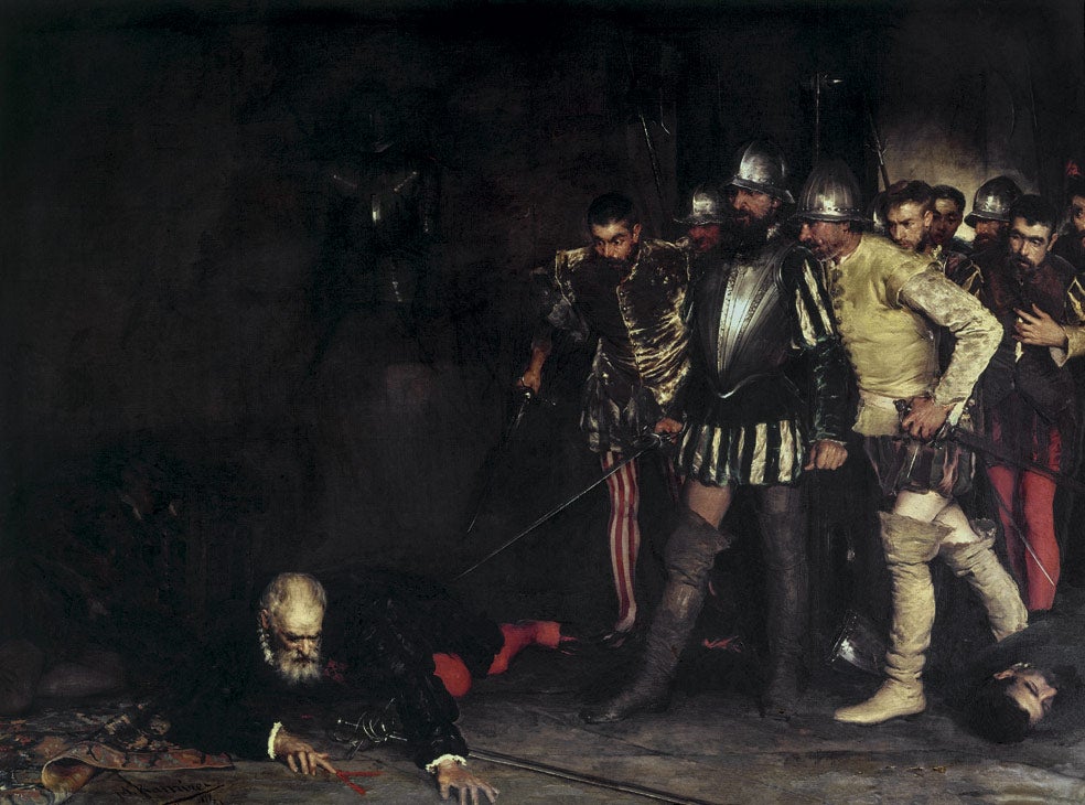 Pizarro fue asesinado por españoles el 26 de junio de 1541. Antes de morir, eso sí, se llevó a tres hombres por delante. Manuel Ramírez Ibáñez pintó la escena en 1878.